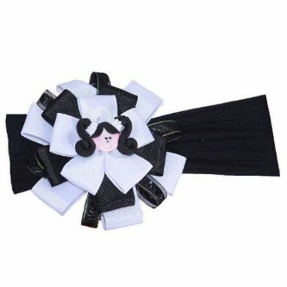Baby Headband, Girl's Hairband Black & White with Doll Face - Picture 2 of 2